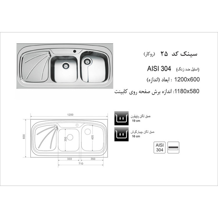 سینک ظرفشویی اخوان مدل 25 روکار